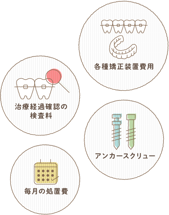 治療経過確認の検査料各種矯正装置費用毎月の処置費アンカースクリュー